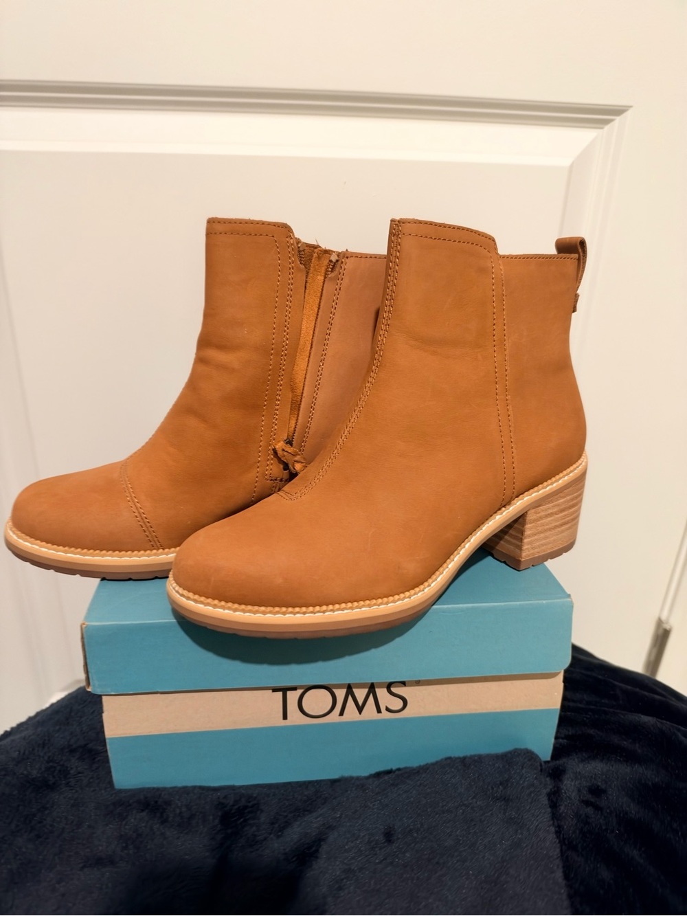 TOMS Women's Chestnut Leather Ankle Booties with Low Block Heel